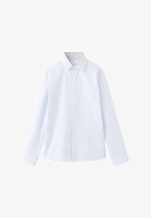 Chemise habillée à manches longues bleu clair avec de fines rayures verticales, patte de boutonnage, col classique et poignets boutonnés.