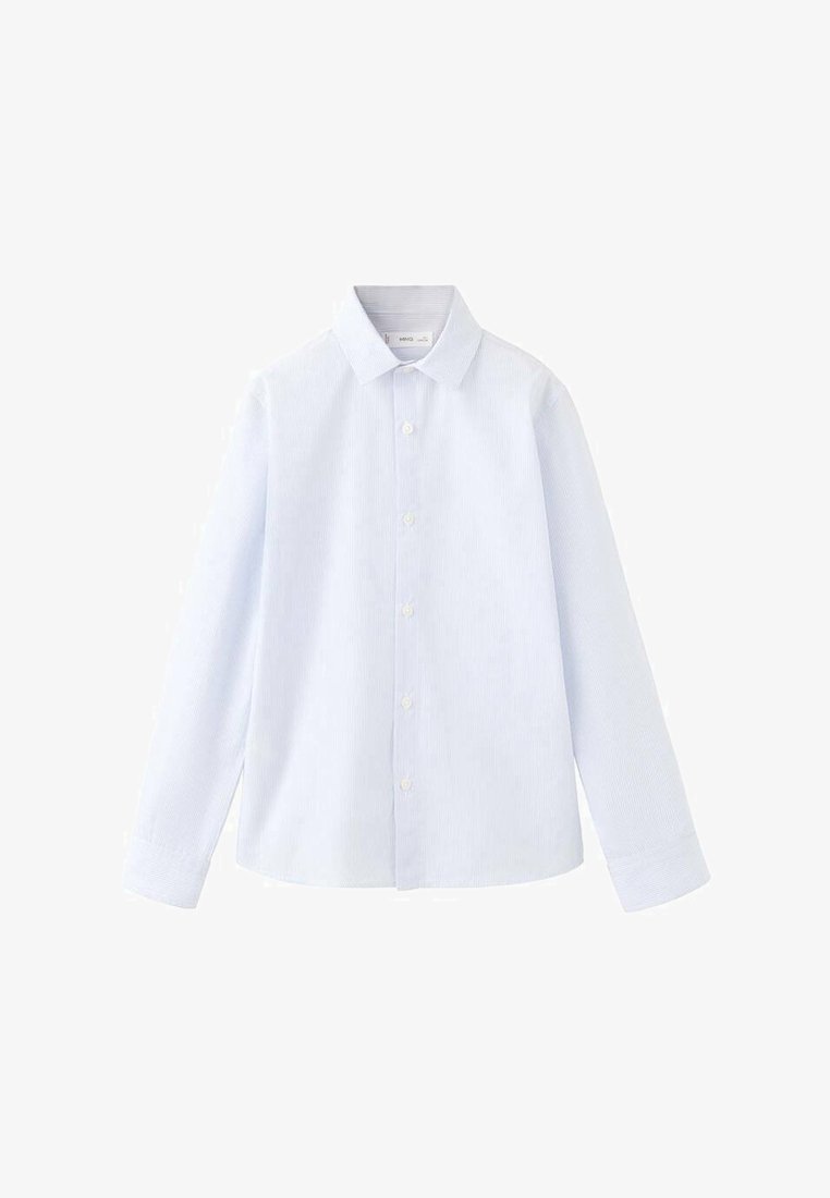 Lichtblauw overhemd met lange mouwen en subtiele verticale strepen, met knopen aan de voorkant, klassieke kraag en met knopen gesloten manchetten.