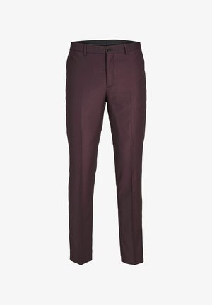 Bordeauxkleurige tailletroggen met een slanke pasvorm, voorzien van een plat front, riemlussen en een enkele knoopsluiting. Gemaakt van een soepel stof.