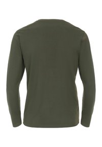 Koszula z długim rękawem w ciemnooliwkowym kolorze, wykonana z miękkiej bawełny, posiada okrągły dekolt, prosty dół i brak widocznych wzorów lub akcentów.