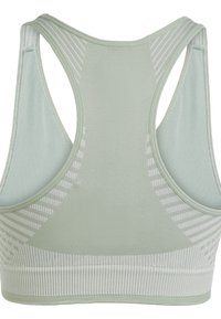 Ljusgrön sport-bh med ribbad textur, racerback-design och vita randiga detaljer. Slät tyg med elastisk band i botten.
