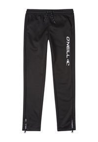 Pantalones deportivos negros fabricados con una tela suave y elástica. Presentan una cintura con cordón ajustable y cremalleras laterales en los tobillos. Logotipo de O’Neill exhibido.