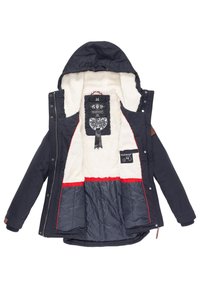 Navy blue jacket with a hood, featuring a plush white interior lining. Contrast red trim and multiple pockets visible on the inside.
