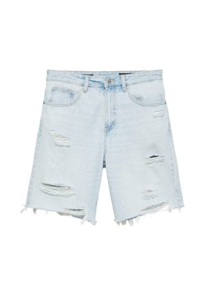 Short en denim bleu clair avec des déchirures usées, des ourlets effilochés, un bouton devant et des poches, présenté sur fond blanc.