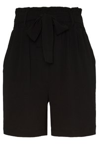 Shorts noirs avec une taille haute élastique et un détail à nouer. Présente des plis sur le devant pour ajouter de la texture. Finition en tissu lisse.