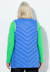 Blå vadderad väst med chevronmönster, med en kontrasterande grön och gul ärmad skjorta under. Enkelt mönster, lätt textur.