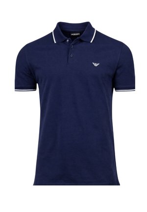 Marineblauw poloshirt met witte bies aan de kraag en mouwen, korte mouwen, drieknoopssluiting en klein logo op de linkerborst.