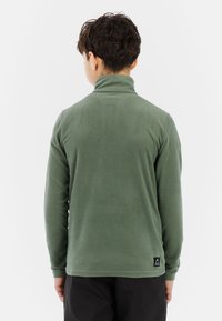 Pullover in pile verde con colletto alto. Presenta maniche lunghe e un piccolo logo vicino all'orlo. Texture morbida, design minimalista.