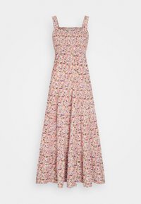 Robe maxi fleurie avec un fond rose, un décolleté carré et un corsage froncé. Dotée d'une jupe à volants et de fines bretelles.