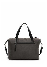 Graue rechteckige Handtasche mit schwarzen Ledergriffen und abnehmbarem Schultergurt, vorderer Reißverschlusstasche und silbernen Beschlägen.