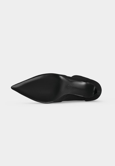 Chaussure noire à talon haut et bout pointu vue de dessous, mettant en évidence la semelle lisse et solide sur un fond clair et uni.