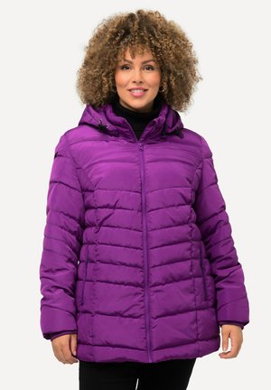 Purple puffer jacket with horizontal stitching, a hood, and front zipper. Soft, smooth fabric with a slightly glossy texture.