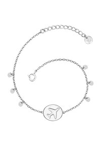 Pulsera de cadena de plata con un charm ovalado que presenta un diseño de avión, acentuado por pequeñas cuentas redondas a lo largo de la cadena. Longitud ajustable.