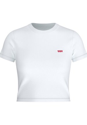Camiseta corta blanca de algodón, con mangas cortas y cuello redondo. En el pecho tiene un pequeño parche con el logo rojo de Levi's.