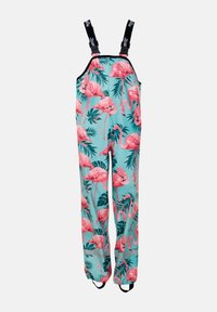 Lys turkise overalls med print af pink flamingoer og grønne blade. Har justerbare sorte stropper og elastiske manchetter ved kanten.