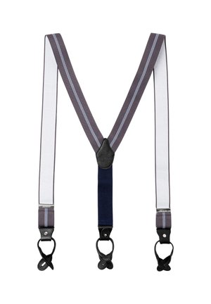 Szare i białe szelki w kształcie litery Y z cienkimi niebieskimi paskami, czarne skórzane pętelki zapinane na guziki na końcach do mocowania do spodni.
