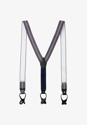 Szare i białe szelki w kształcie litery Y z cienkimi niebieskimi paskami, czarne skórzane pętelki zapinane na guziki na końcach do mocowania do spodni.