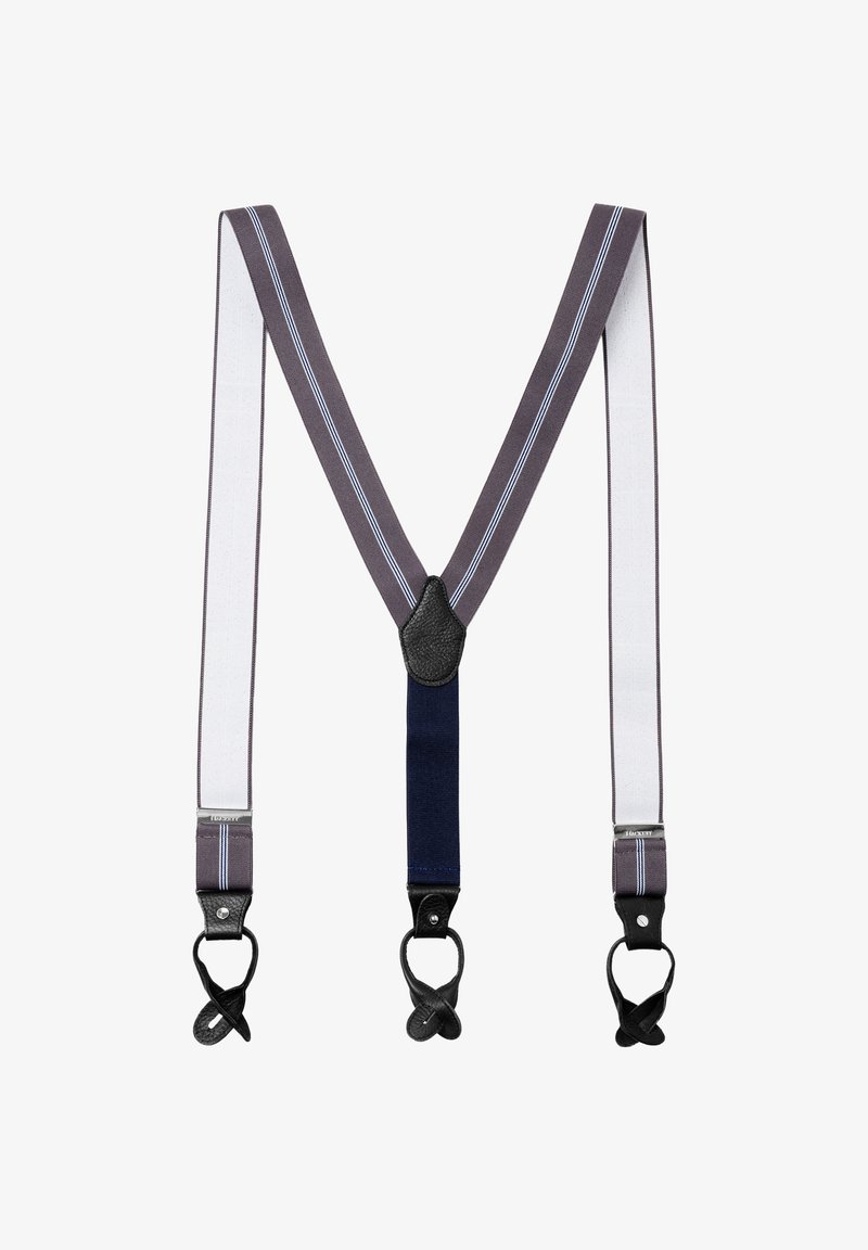 Tirantes en forma de Y, grises y blancos con finas rayas azules, con presillas de cuero negro en los extremos para abrochar a los pantalones.