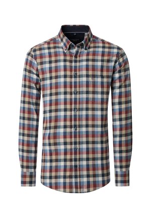 Long-sleeve plaid shirt featuring a button-down collar, in shades of red, blue, and beige, with a pocket and contrasting buttons.