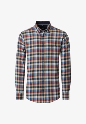 Langärmliges kariertes Hemd mit Knopfleistenkragen in Rot-, Blau- und Beigetönen, mit Tasche und kontrastierenden Knöpfen.