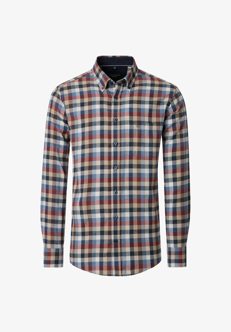 Langärmliges kariertes Hemd mit Knopfleistenkragen in Rot-, Blau- und Beigetönen, mit Tasche und kontrastierenden Knöpfen.