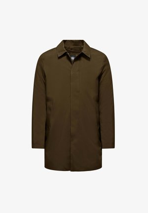 Brązowy, długi płaszcz z prostym krojem. Posiada rozkładany kołnierz, ukryte zapięcie z przodu oraz dwie boczne kieszenie. Gładka faktura.