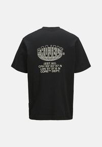 Black t-shirt featuring a white graphic print on the back with text elements and geographical coordinates. Short sleeves, crew neck design.