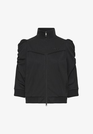 Čierna bomber bunda s vysokým golierom, zapínaním na zips a nadýchanými rukávmi. Na hrudi a na bočných vreckách je jemné logo.