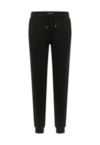 Zwarte joggerpants met elastische tailleband en boorden, voorzien van roze trekkoorden met tips en een subtiele roze zijkantstrips met tekstdetail op het rechterbeen.