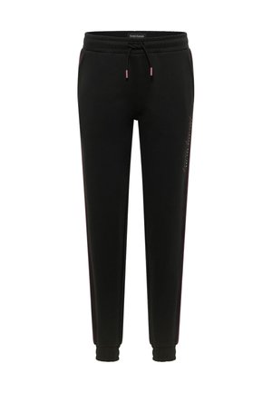 Zwarte joggerpants met elastische tailleband en boorden, voorzien van roze trekkoorden met tips en een subtiele roze zijkantstrips met tekstdetail op het rechterbeen.