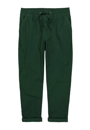 Dunkelgrüne, lässig geschnittene Hose aus weichem Stoff mit elastischem Bund, Kordelzug und umgeschlagenen Säumen. Verfügt über zwei Seitentaschen.