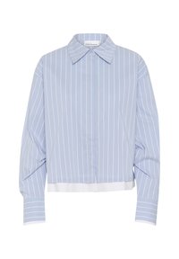 Camicia cropped a righe blu e bianche con colletto a punta, maniche larghe e orlo bianco. Realizzata in tessuto leggero, presenta righe verticali.