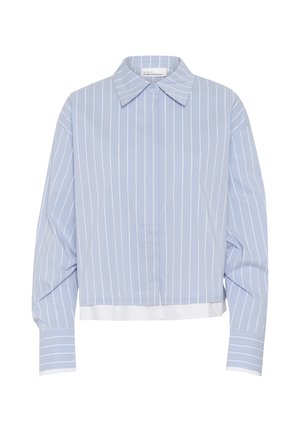 Blue and white striped cropped shirt with a pointed collar, loose sleeves, and a white hemline. Made of lightweight fabric, featuring vertical stripes.
