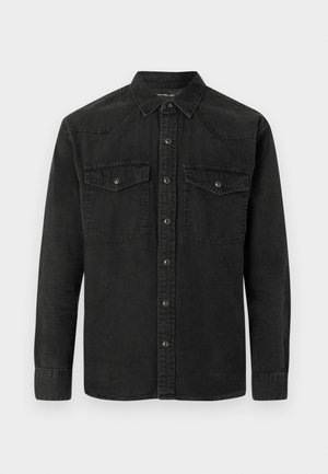 Melna džinsu krekls ar garām piedurknēm, pogājamām priekšējām daļām, divām krūšu kabatām un rietumu stila jokus. Mīksta tekstūra, ikdienišķa piegriezuma.