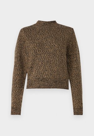 Brown knit sweater with high neck, long sleeves, and a cropped design. Features a textured pattern throughout, adding depth to the fabric.