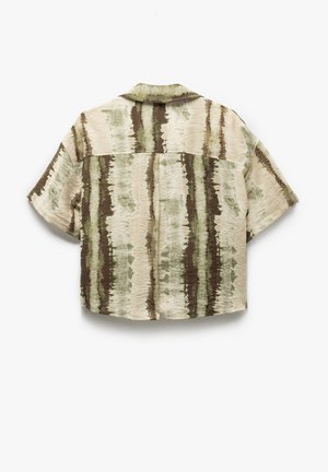 Kurzarmhemd in hellem Beige mit vertikalen olivgrünen und braunen Streifen. Verfügt über einen Camp-Kragen und eine lockere Silhouette. Weicher Stoff.
