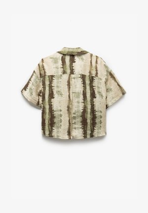 Kurzarmhemd in hellem Beige mit vertikalen olivgrünen und braunen Streifen. Verfügt über einen Camp-Kragen und eine lockere Silhouette. Weicher Stoff.