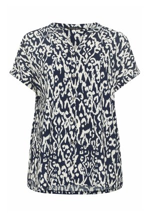 Lyhythihainen nappipaita, jossa on tummansininen ja valkoinen abstrakti eläinkuosi.