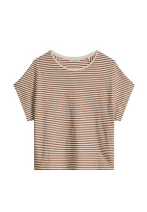 T-shirt à manches courtes beige et blanc à rayures horizontales, col rond et coupe décontractée.