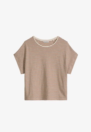 T-shirt à manches courtes beige et blanc à rayures horizontales, col rond et coupe décontractée.