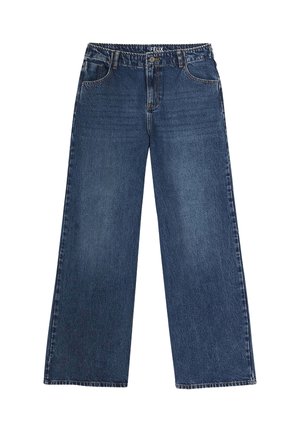 Jean à jambes larges en denim bleu foncé. Caractéristiques d'un design classique à cinq poches, de coutures détaillées et d'une fermeture à bouton à la taille.
