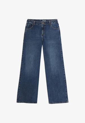Jean à jambes larges en denim bleu foncé. Caractéristiques d'un design classique à cinq poches, de coutures détaillées et d'une fermeture à bouton à la taille.