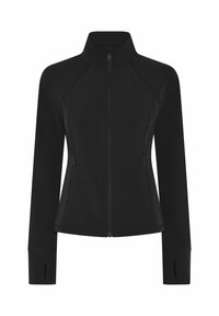 Giacca nera con cerniera e collo alto, maniche lunghe con fori per i pollici e tasche con cerniera su entrambi i lati.