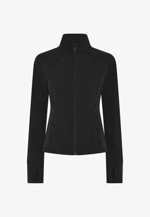 Schwarze Reißverschlussjacke mit Stehkragen, langen Ärmeln mit Daumenlöchern und Reißverschlusstaschen auf beiden Seiten.