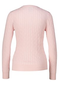 Helle rosa Pullover mit strukturiertem Zopfmuster, langen Ärmeln und geripptem Saum. Schlichtes Crew-Neck-Design und glatter Abschluss.