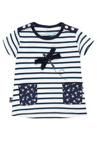 Camicetta a maniche corte a righe blu navy e bianche, con un'applicazione di libellula, due tasche a motivo floreale blu navy e bottoni sulla spalla.