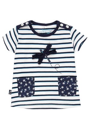 Broderet kortærmet skjorte med navy og hvide striber, der har en guldsmed-applikation, to navy blomster-mønstrede lommer og knapper ved skulderen.
