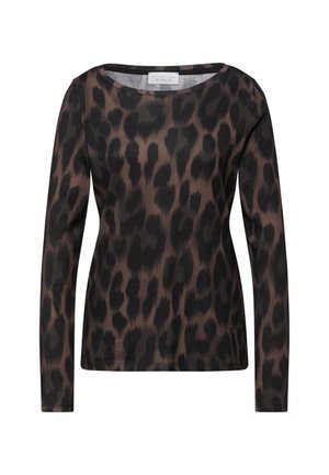 Haut à manches longues avec un col rond, fabriqué dans un tissu lisse avec un motif léopard marron et noir.