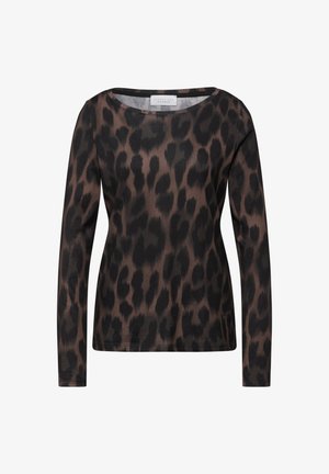 Bluzka z długim rękawem z okrągłym dekoltem, wykonana z gładkiej tkaniny w brązowo-czarny wzór w panterkę.