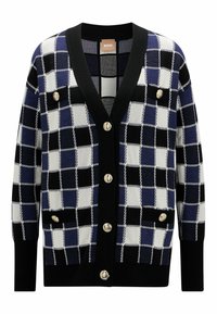 Mindtröja med ett svart, vitt och marinblått rutmönster, knäppning med knappar och en svart ribbad halsringning samt två framfickor.
